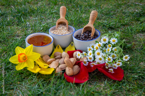 Natural Spring Composition Featuring Flowers, Nuts, Seeds, and Honey on Grass