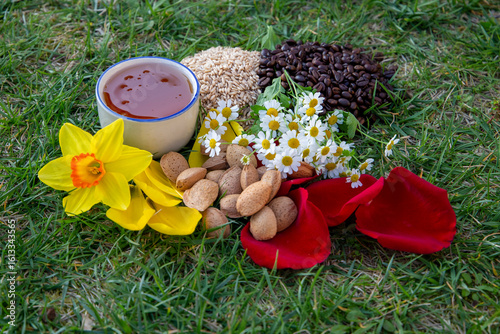 Natural Ingredients and Flowers on a Green Grass Background