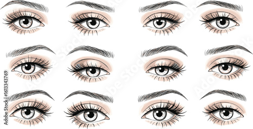 Hand-drawn female eye illustration set, makeup sketch collection, expressive woman eyes with lashes, brows, beauty fashion vector art