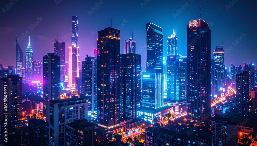 Obraz premium Nighttime city skyline with glowing windows and streetlights