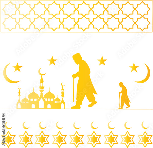 Islamic mosque and figures with celestial motifs crescent moon