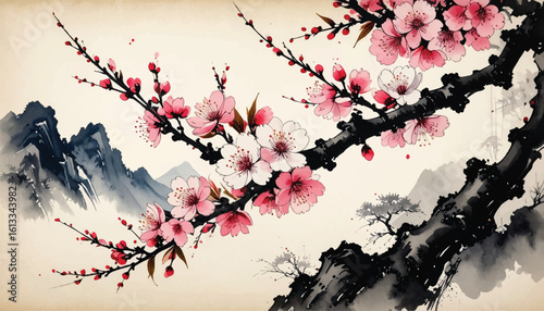 Classic East Asian Cherry Blossom and Bamboo Floral Ink Art on Traditional Rice Paper Texture Vertical Composition