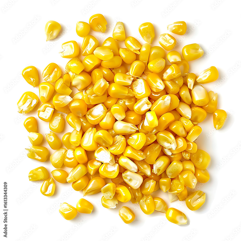 Fototapeta premium Heap of Fresh Yellow Corn Kernels Isolated on White Background