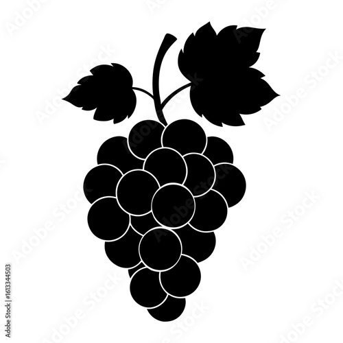Stylized silhouette of a black grape cluster with two leaves on a white background