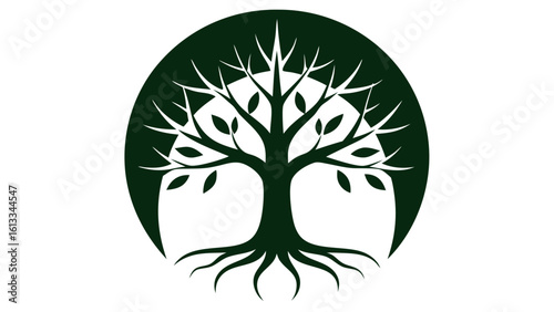 Stylized dark green tree with prominent roots and branches within an oval silhouette against a white background