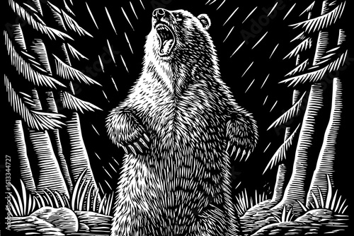 A giant grizzly bear standing tall on hind legs, roaring fiercely with wide mouth and sharp claws in a black and white line art illustration