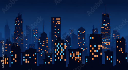 夜の都市のスカイライン 光る窓のイラスト