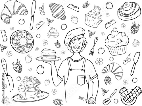 Set of sweets, vector illustration, outline, sketch, doodle. Chief and different dessert: croissant, pancakes, muffin, bagel, bun, chocolate, berry and items for kitchen: spatula.