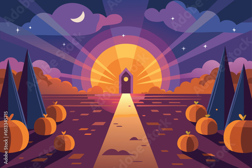 Enchanted Path at Sunset with Pumpkins Vector