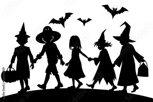 Children trick or treating in costume silhouette vector illustration
