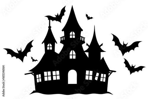 Spooky haunted house bats flying around silhouette vector illustration