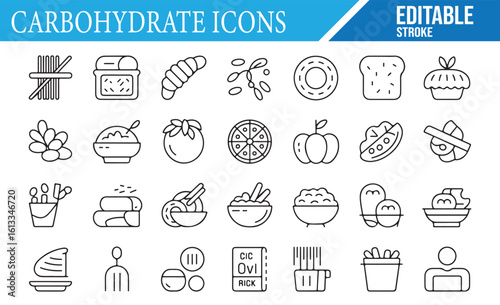 Vector Icons for Carbohydrates, Desserts, and Grains for Diet and Food Design