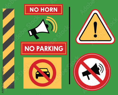 Bold vector road safety signs set featuring no horn and speed limits