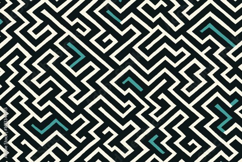 Abstract seamless pattern with black and white maze design and turquoise accents, ideal for textile prints, backgrounds, and various design projects needing a complex geometric texture.