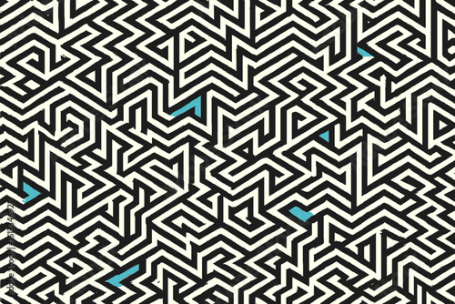 Intricate black and white geometric maze pattern with scattered blue accents creating a complex visual puzzle background.