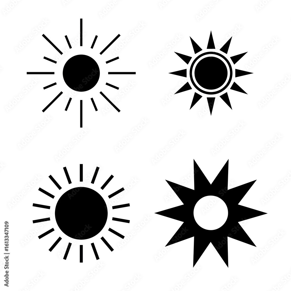 Fototapeta premium Simple set of sun icons with black lineart and white background