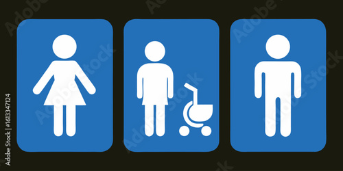 Clean blue square restroom signage icons featuring white male female and unisex pictograms