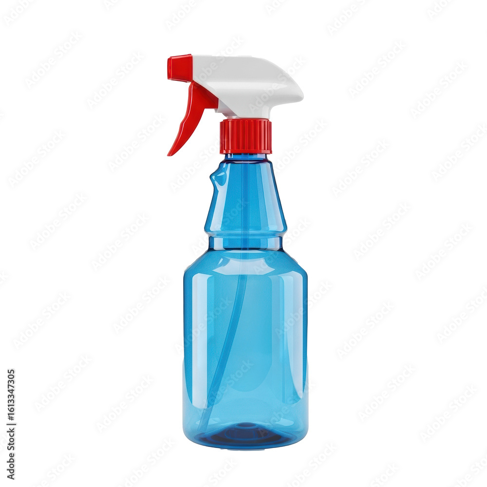 Empty transparent blue plastic spray bottle, vibrant red cap, white/red trigger, standing upright, transparent isolated background, uniform studio lighting, ultra realistic product photography Empty transparent blue plastic spray bottle, vibrant red cap, white/red trigger, standing upright, transparent isolated background, uniform studio lighting, ultra realistic product photography