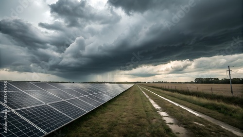world blackout A solar panel field under a stormy sky, reflecting no light