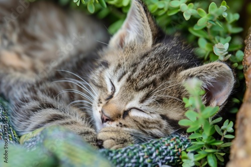 Wallpaper Mural Adorable tabby kitten sleeping serenely amidst lush green plants in a garden setting Torontodigital.ca