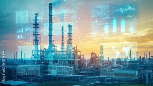 An industrial complex rises at sunrise, featuring smokestacks and digital overlays illustrating data analytics and technology