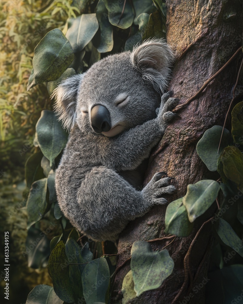 Fototapeta premium A sleepy koala cuddles a tree trunk, surrounded by lush green leaves and soft, warm sunlight filtering through.