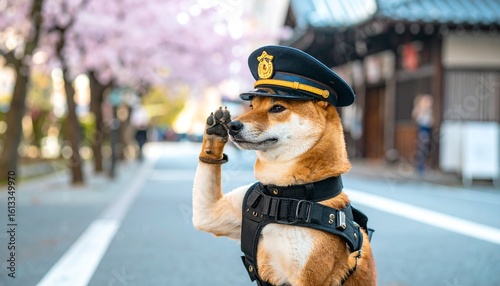 敬礼する柴犬警察官
