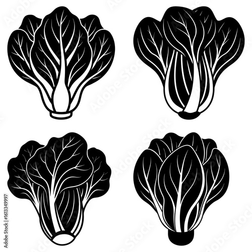 Four stylized bok choy vegetables in black and white with detailed leaf venation and distinct stem bases