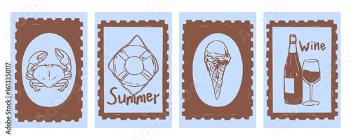 Hand drawn vintage stamp illustration set with crab, lifebuoy, ice cream cone, wine. Retro mediterranean summer vector sketch in rough crayon texture.