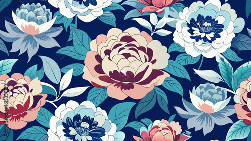 seamless floral pattern with flowers peony with a dark blue backgrounds for wallpaper the bedroom, patterned fills, webs pages, surface textures, book covers, artistic, elegant, graphic, luxury, 