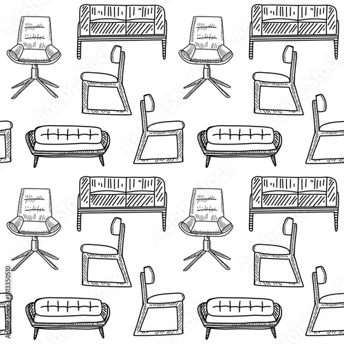 A detailed pattern showcases various furniture pieces, including armchairs, sofas, and stools, all illustrated in a minimalist black-and-white style on a light backdrop.