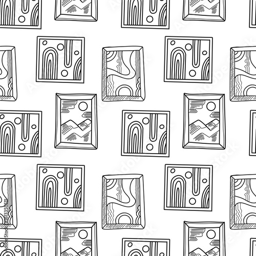 This artwork showcases a pattern of modern abstract frames, each depicting various geometric designs. The distinct style creates an engaging visual experience suitable for contemporary decor.