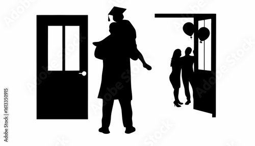 Silhouette of graduate carrying person with couple and balloons near door celebrating graduation event | editable eps vectors