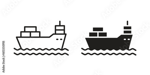 Logistic ship icon vector in thin line and flat style with editable stroke