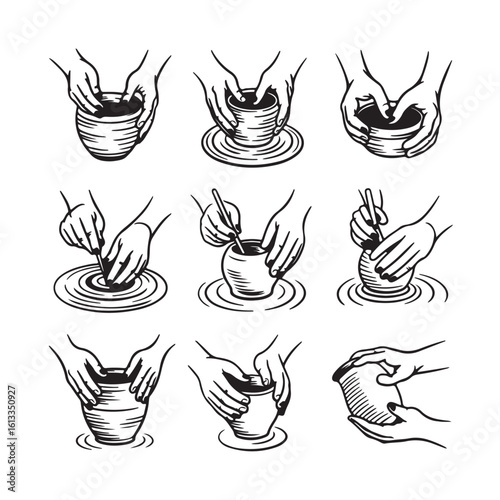 Artistic hand drawn silhouette of pottery making process showing different stages of shaping clay on a potter s wheel isolated on white background
