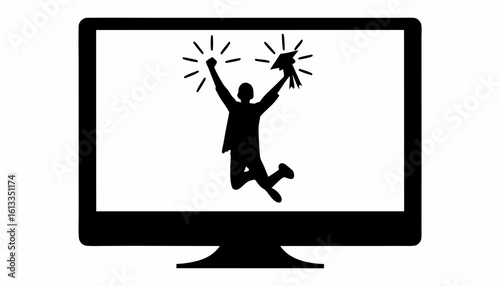 Silhouette of graduate jumping on monitor screen holding cap and celebrating graduation achievement online now | editable eps vectors