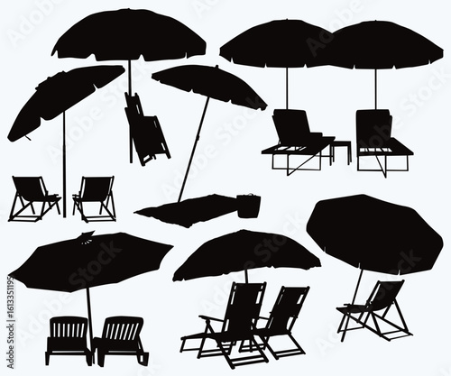 Silhouette of beach chairs and umbrellas vector illustration. Vacation and travel concept. Sunbed, beach, relaxation, lounge chair, sunbathing, summer, outdoor, wooden deck chair, dream resort.