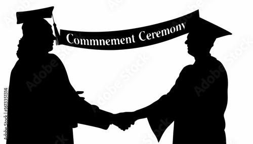 Silhouette of two graduates shaking hands with commencement ceremony banner displayed above them both | editable eps vectors