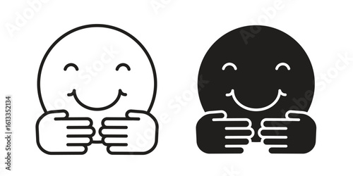 Hugging emoji icon vector in thin line and flat style with editable stroke
