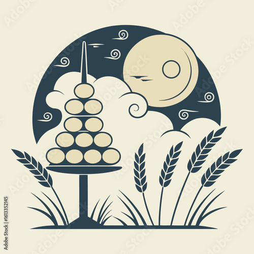Dumpling tower stands tall among stylized clouds, wheat stalks, and a moonlit sky