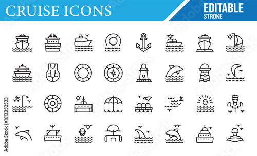 Vector Icons for Cruises, Watercraft, and Seaside Activities for Vacation Use
