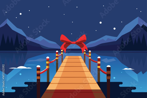 Festive Wooden Pier with Red Bow Over Frozen Lake