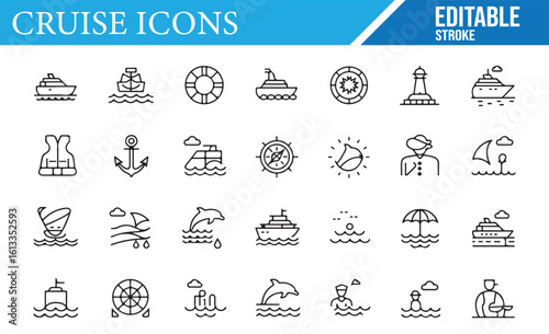 Set of Cruise, Boat, and Nautical Icons for Seafaring and Travel Projects