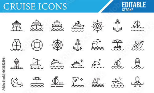 Editable Icons for Sailing, Ocean Travel, and Maritime Leisure Designs