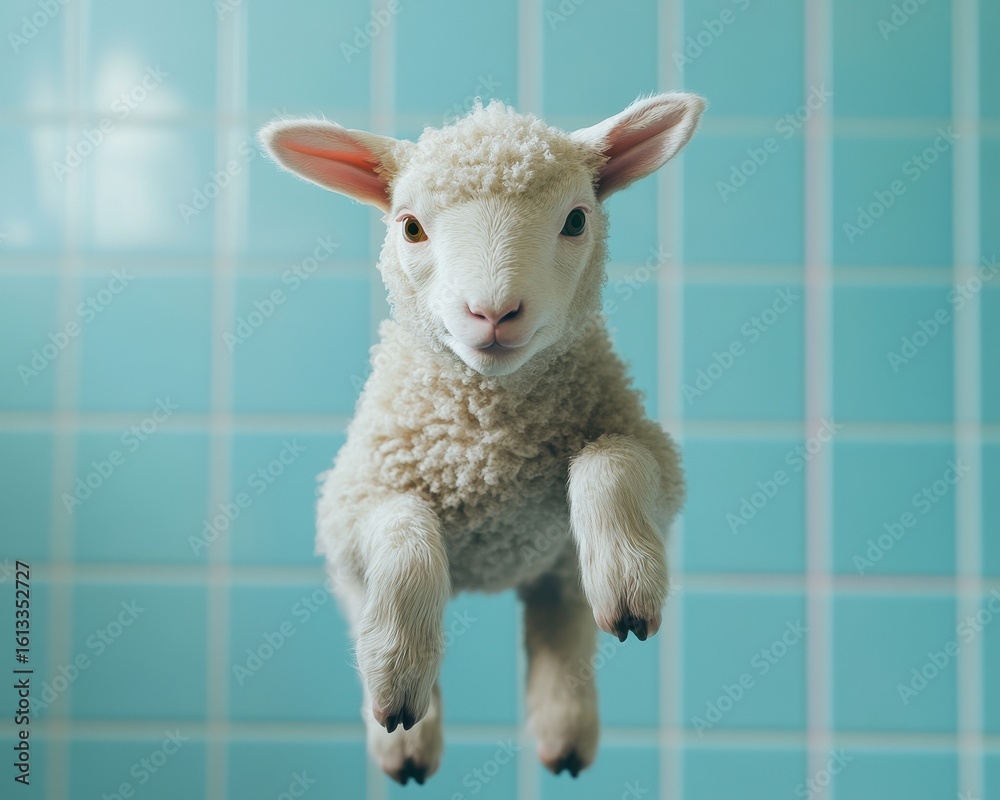 Fototapeta premium A playful white lamb jumps in mid-air against a bright turquoise backdrop.