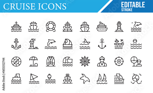 Editable Cruise and Sailing Icons Set for Travel and Maritime Projects