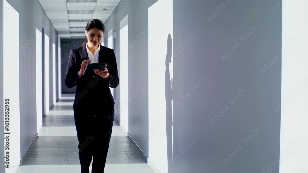 Confident Businesswoman Using Tablet While Walking Through Modern Office Hallway Confident Businesswoman Using Tablet While Walking Through Modern Office Hallway