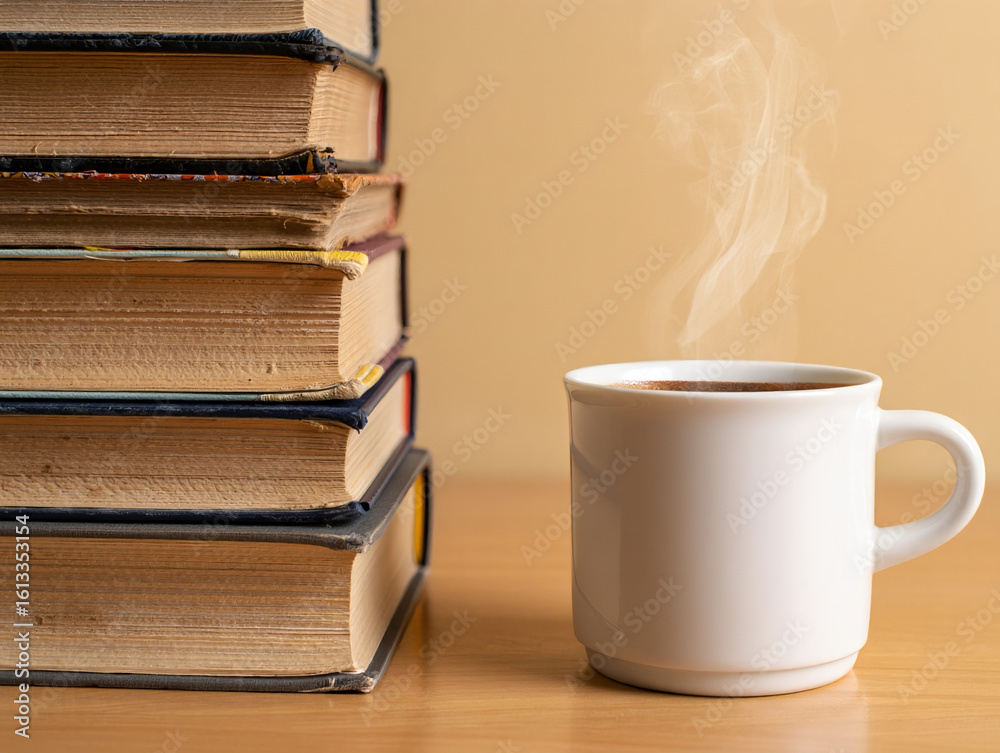 Fototapeta premium A steaming cup of coffee sits beside a stack of old books on a wooden table