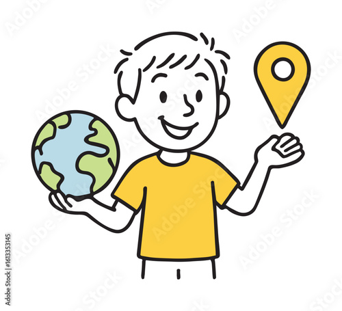 Happy Boy Holding Globe and Location Pin. Earth, Geography Learning, Map Marker, Educational Concept
