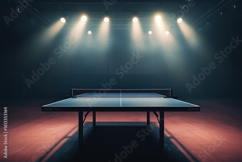 A serene table tennis setup illuminated by dramatic stage lighting in a dimly lit arena.